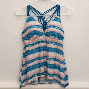 Striped Aqua Couture Swim Top S Blue Pink Strappy Back Padded Tankini